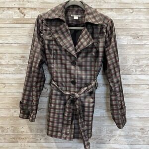 Dalia Collection Womens M Rain Jacket‎ Lined Purple Grey Plaid Belted Button Up